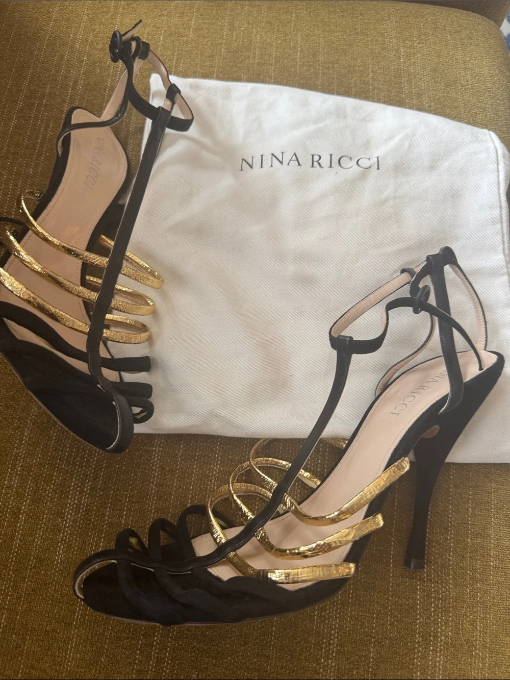Nina Ricci Black and Gold Strappy T‑Bar Stiletto Sandals